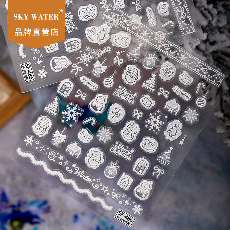 SKY镂空圣诞小雪人浮雕白色美甲贴纸圣诞节可爱背胶防水diy装饰贴