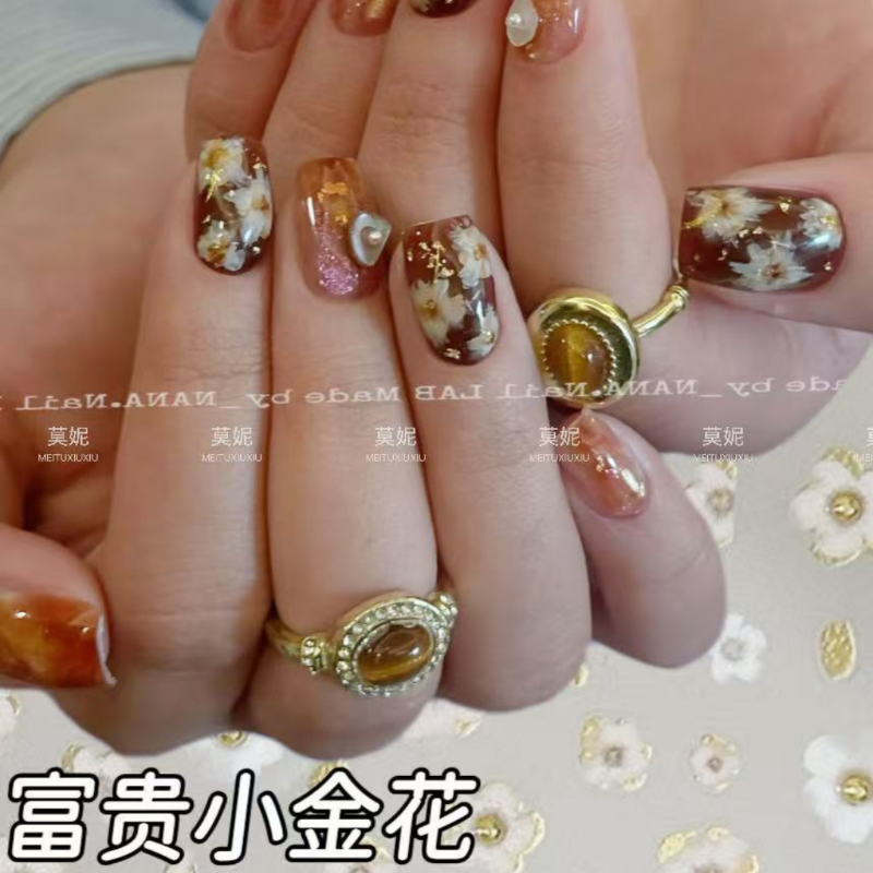 爆款复古烫金黑金不规则晕染小花花花美甲贴纸定制法式贴纸指甲贴