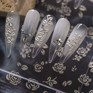高级ins白色玫瑰花美甲贴纸浮雕复古镂空玫瑰优雅背胶立体指甲贴