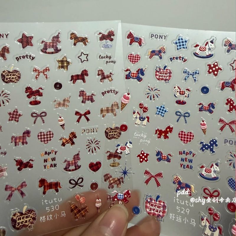 可爱小马图案烟花格纹彩色美甲贴纸招拆蝴蝶结小涂鸦指甲背胶贴画
