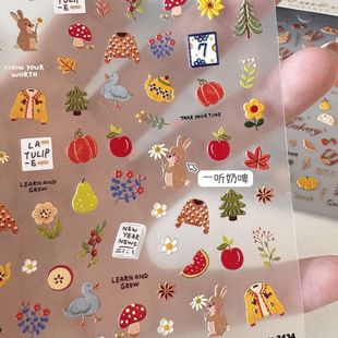 浮雕美甲贴纸秋日涂鸦可爱3d指甲贴纸美拉德小兔野餐面包花朵背胶