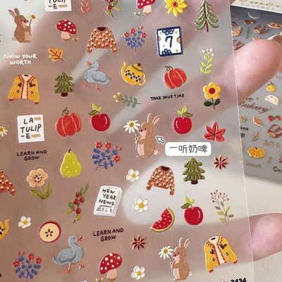 浮雕美甲贴纸秋日涂鸦可爱3d指甲贴纸美拉德小兔野餐面包花朵背胶