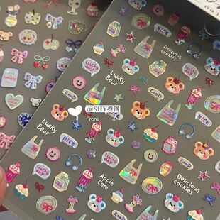 卡通涂鸦可爱浮雕笑脸小熊美甲贴纸小清新立体笔杆宝宝diy指甲贴