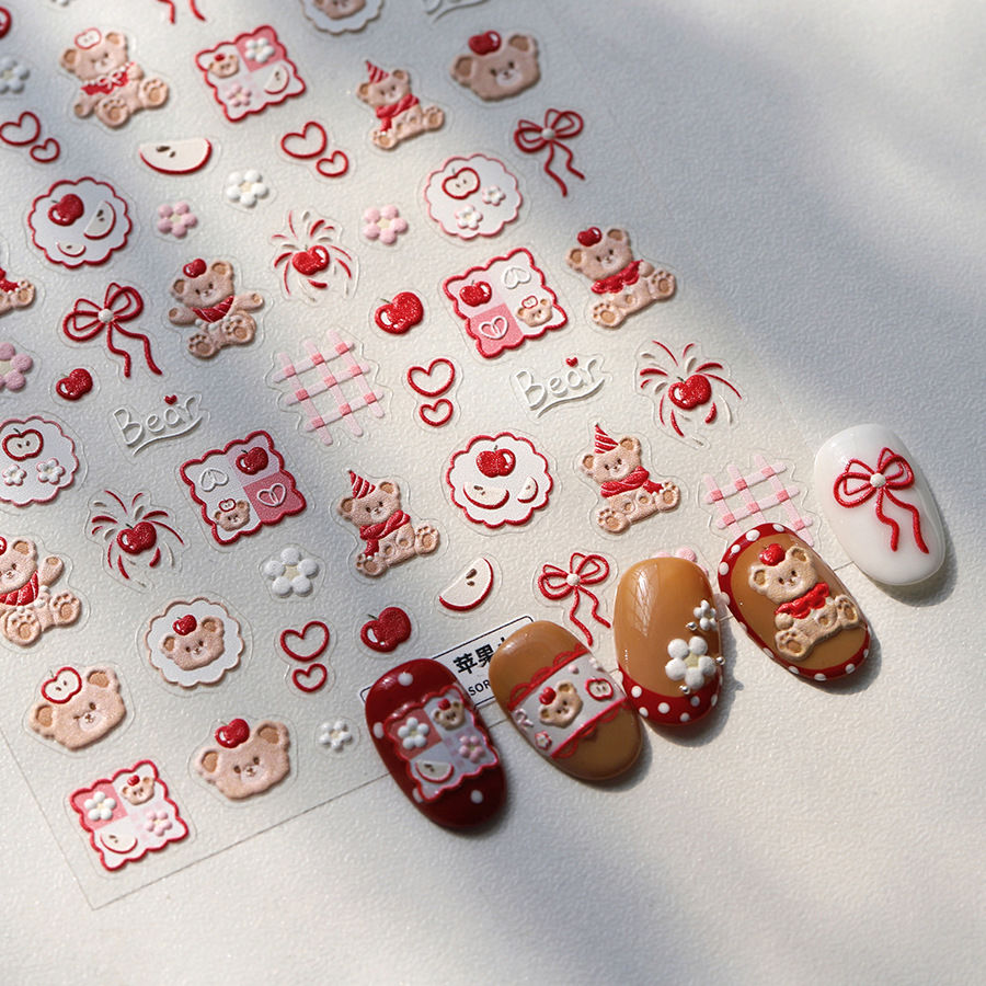 可爱蝴蝶结小熊立体浮雕美甲贴纸