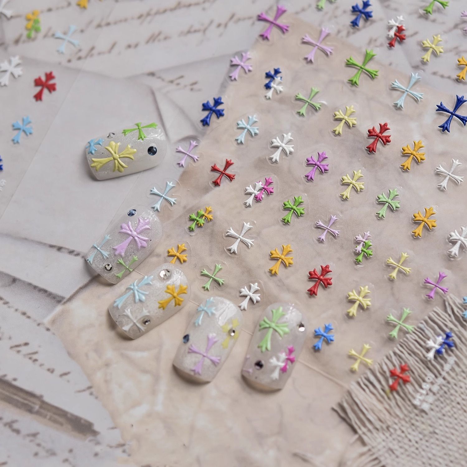 彩色十字架多巴胺美甲贴纸