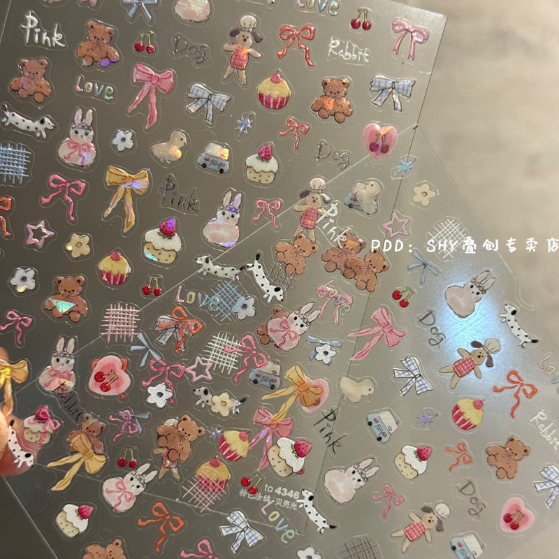 新款ins涂鸦美甲可爱贴纸卡通diy兔子小鸭樱桃蝴蝶结线条立体指甲