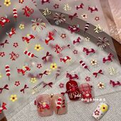 马年生肖福气满满喜庆红色美甲贴纸新年款 蝴蝶结烟火花指甲diy