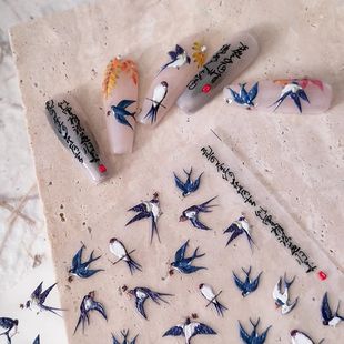 爆款复古国风新中式美甲微雨燕双飞大雁南飞立体浮雕美甲装饰贴纸