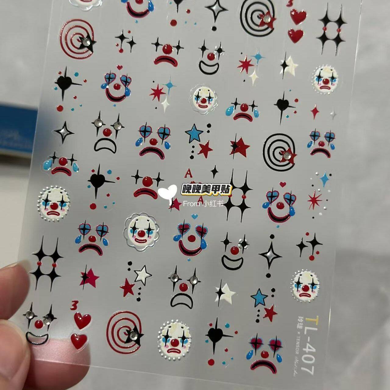 可爱新款万圣节小丑面具小丑哭唧唧美甲贴纸搞怪小众diy指甲装饰