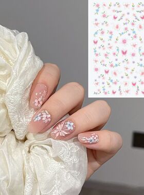手绘蝴蝶淡紫色花朵薄韧平面美甲辅助贴纸diy自带背胶指甲贴纸