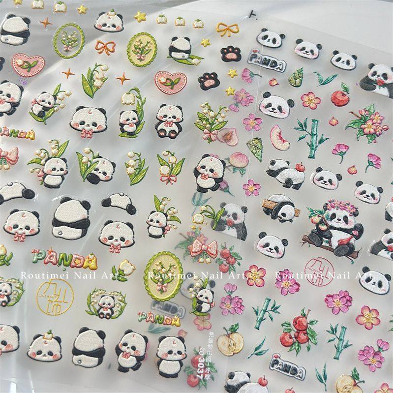 立体浮雕美甲贴纸熊猫指甲装饰品卡通蝴蝶结苹果竹子小配件带背胶