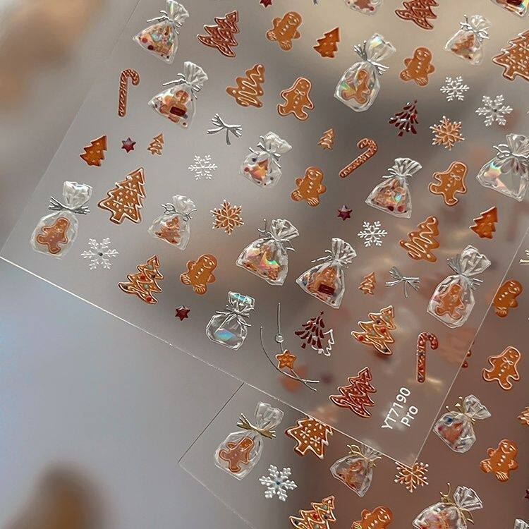新款雪花圣诞节浮雕立体姜饼圣诞树雪人美甲贴纸定制可爱背胶指甲