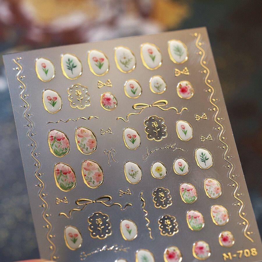 郁金香印章美甲贴纸定制新款浪漫小清新郁金香金边相框高级指甲贴