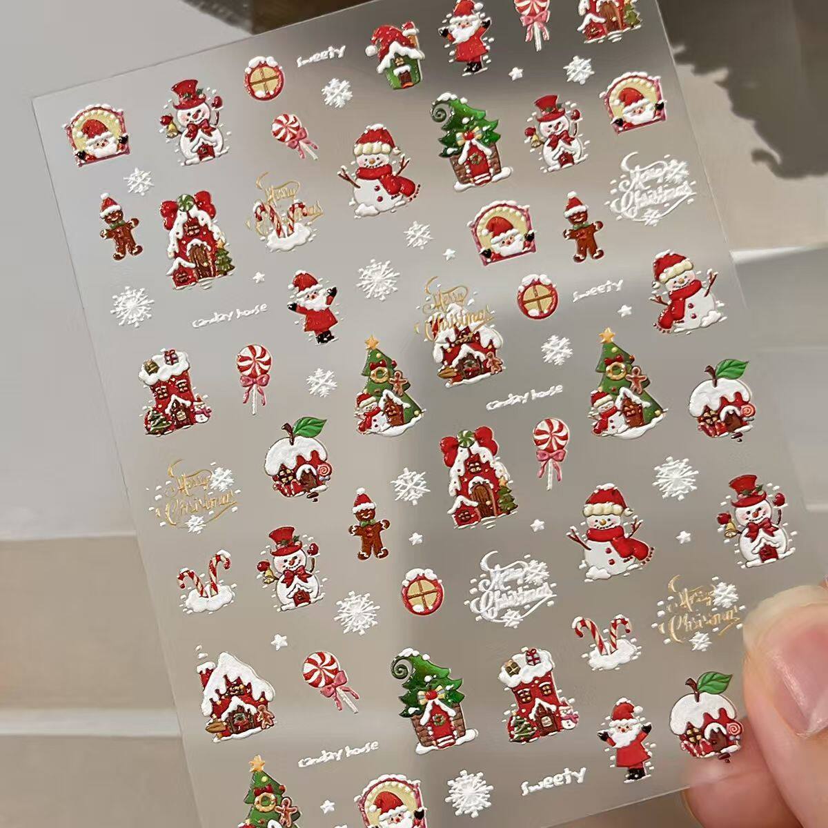 爆款圣诞雪屋美甲贴纸笔杆浮雕雪花圣诞树水晶球卡通背胶指甲装饰