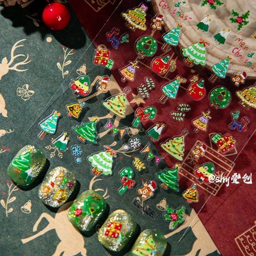 Cyansea梦幻圣诞美甲贴纸圣诞树爆闪浮雕烫金雪人雪花指甲装饰品
