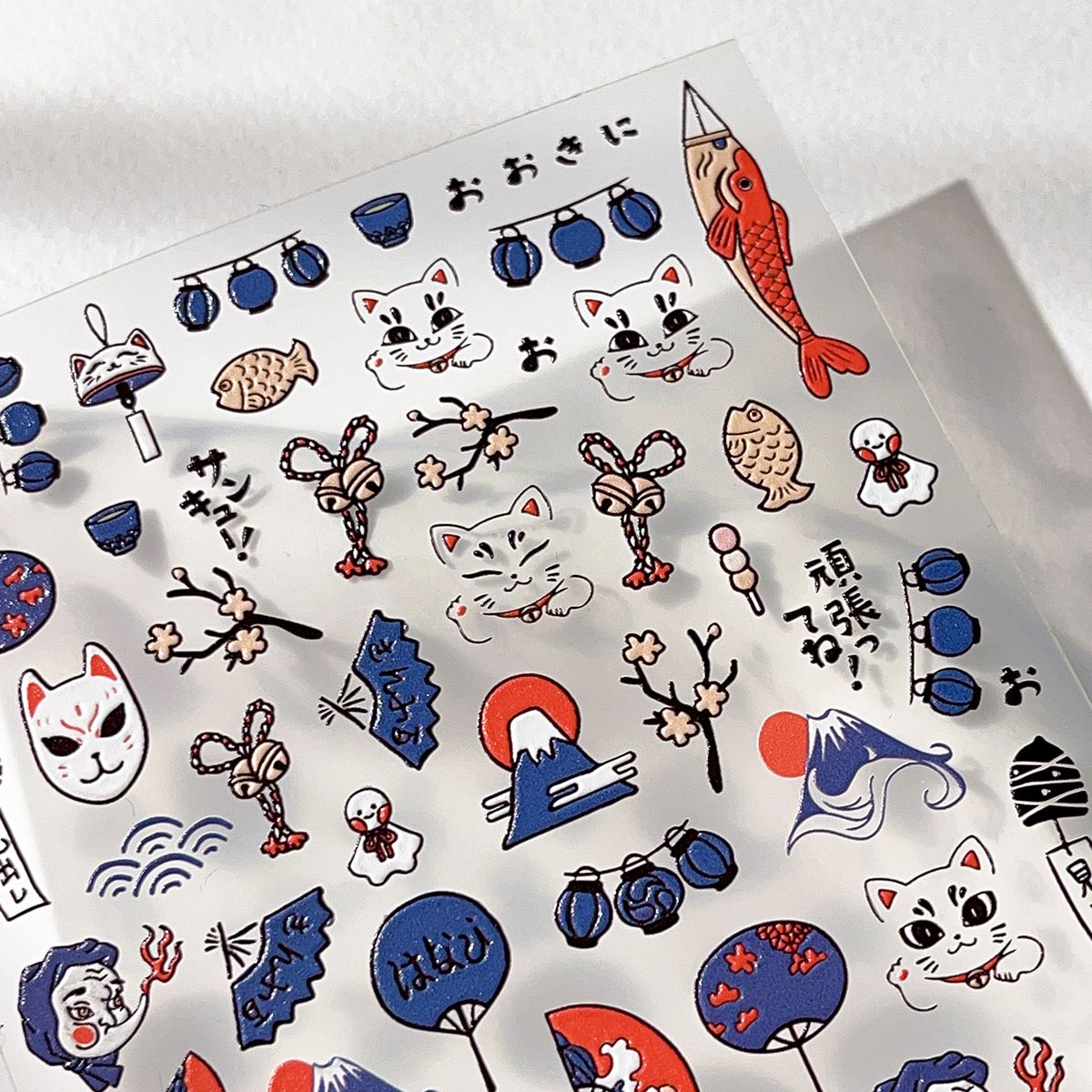 新款浮雕鲷鱼招财猫开运美甲贴纸