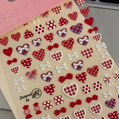 网红同款 爱心喜庆格子美甲贴纸浮雕蝴蝶结指甲立体diy装 饰ins风