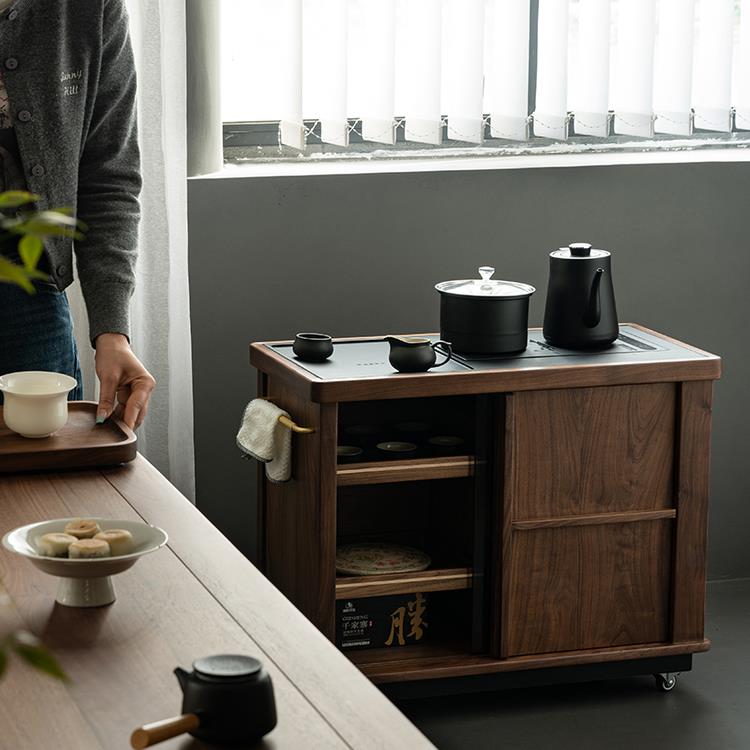 北美黑胡桃实木可移动茶水柜小户型家用茶桌烧水壶一体边几茶边柜