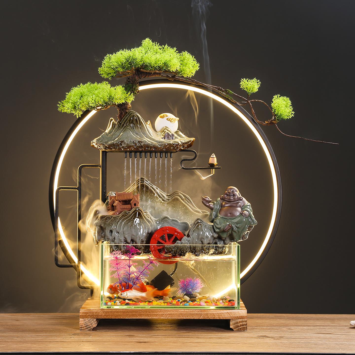 招财家居流水循环玻璃鱼缸客厅电视柜装饰风水轮摆件乔迁新居礼品
