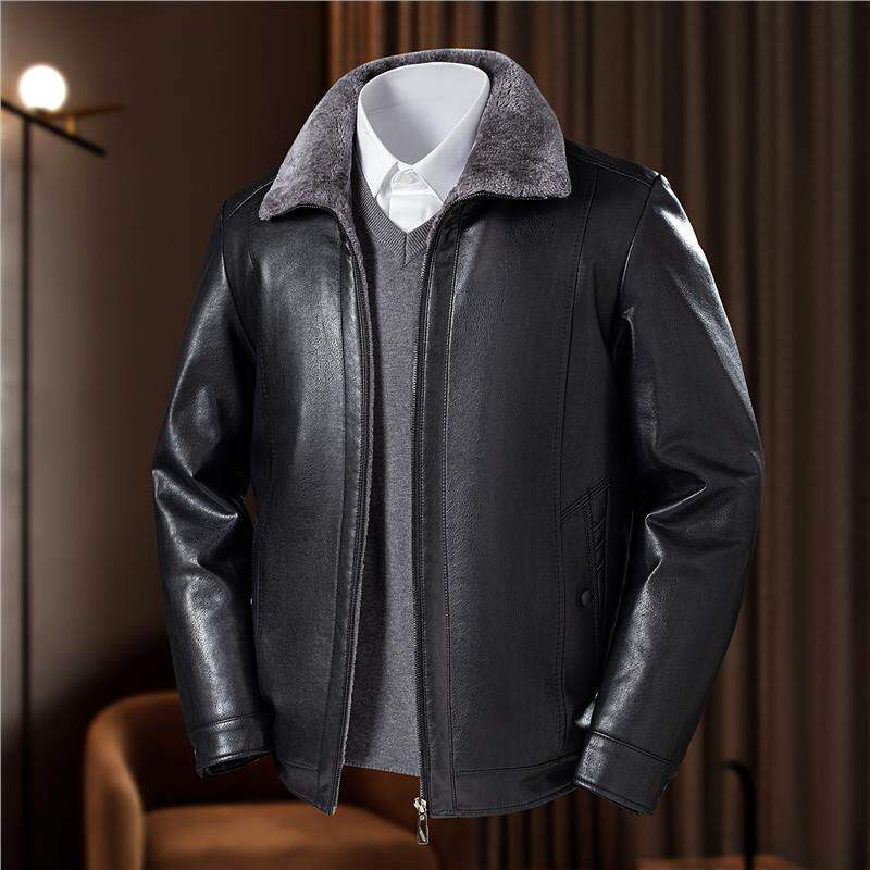 海宁真皮皮衣男款皮毛一体加绒加厚绵羊皮休闲翻领皮夹克爸爸外套