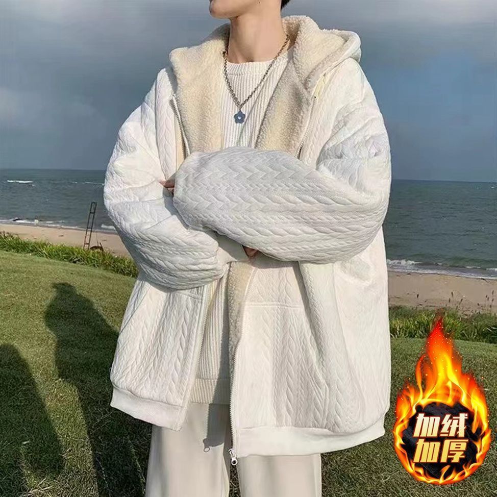 羊羔毛棉衣男冬季加绒加厚外套棉服青年美式潮牌连帽保暖冬装外套