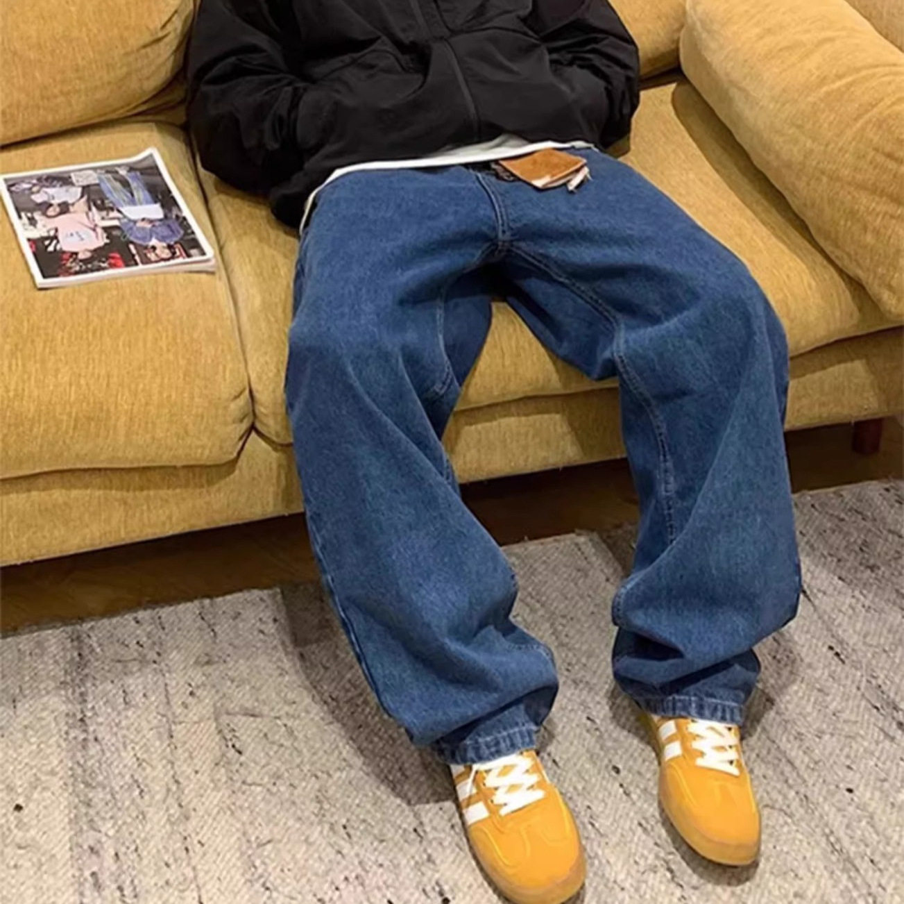 美式复古深蓝色水洗牛仔裤潮牌欧美街头裤子小众宽松休闲直筒长裤