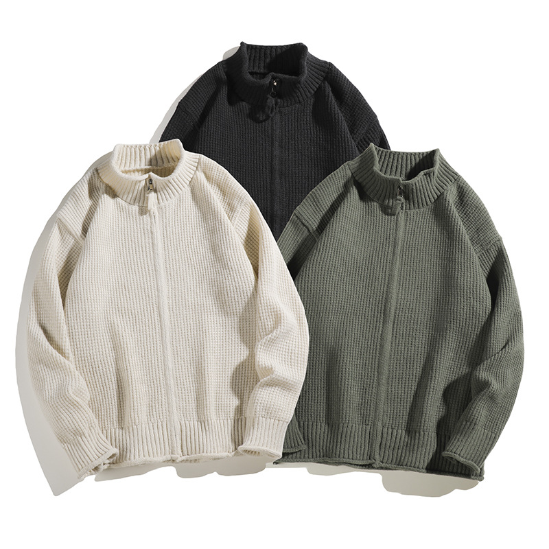 秋冬款半高领毛衣男生高级感开衫外套男士韩系纯色宽松拉链针织衫