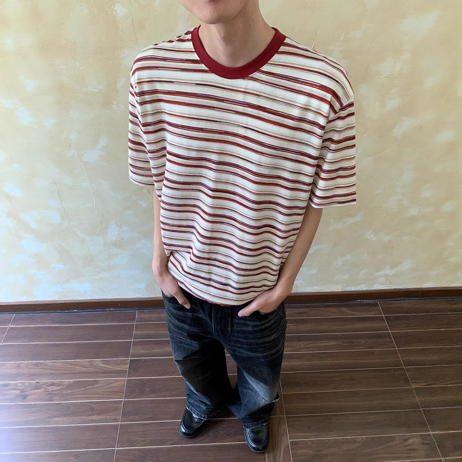 撞色条纹小众设计感短袖T恤男女夏季美式复古慵懒风百搭休闲体恤