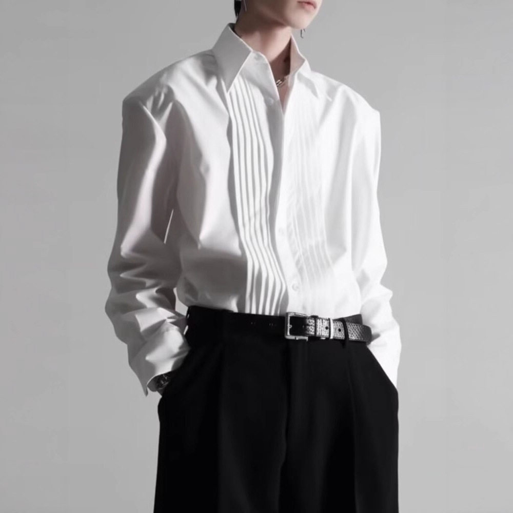 白色法式褶皱衬衫男款长袖cleanfit宫廷风高级设计感简约内搭衬衣
