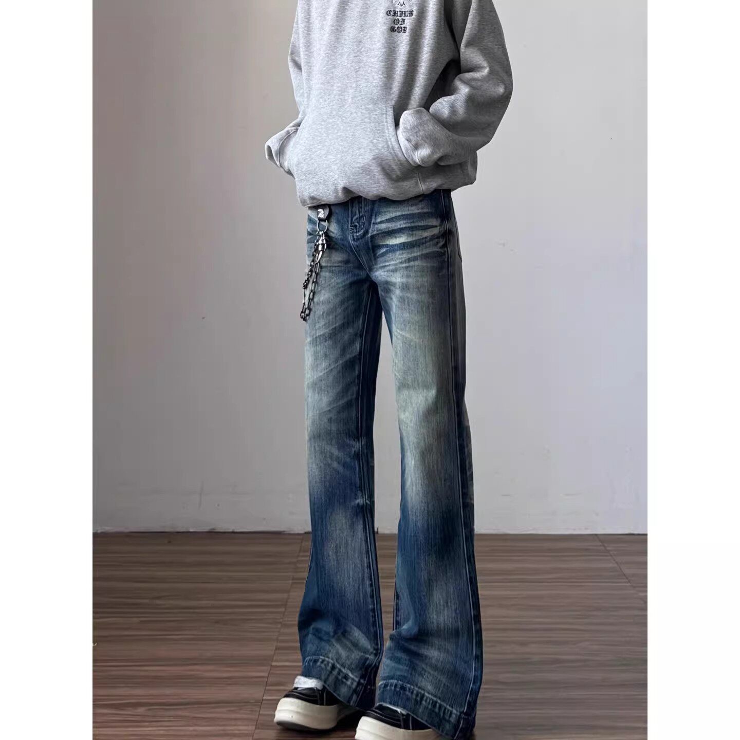 美式复古蓝色水洗牛仔裤男直筒微喇长裤cleanfit高街垂感龙爪猫须
