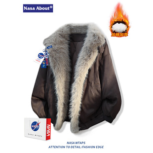 加绒加厚翻领夹克男 座山雕皮毛一体棉衣外套男冬季 NASA ABOUT美式