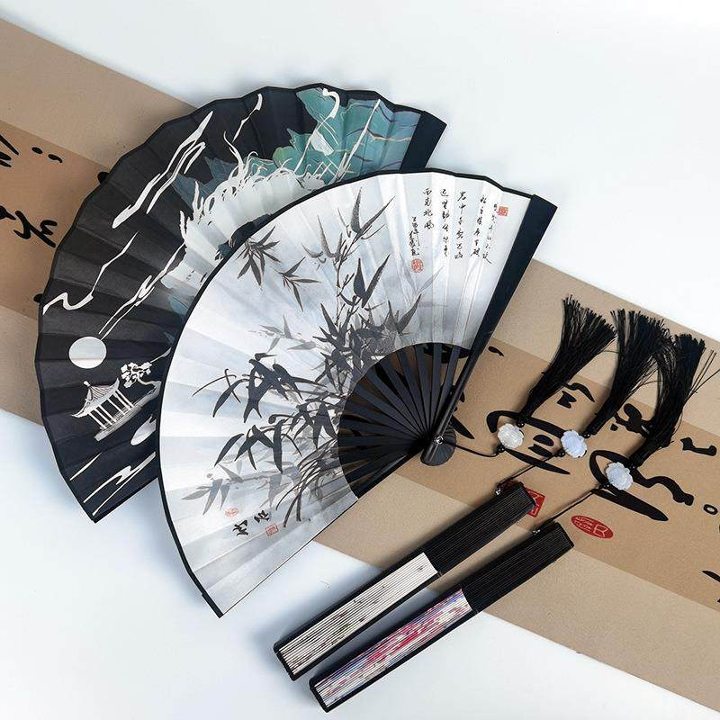 8寸手持跳舞扇子国风款中国风双面绢布流苏水墨画国潮扇古风折扇