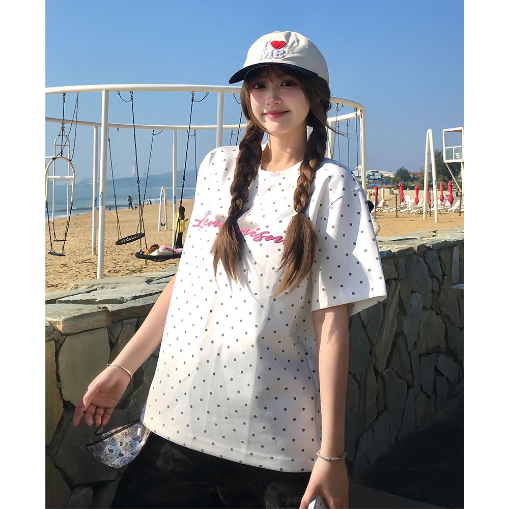 圆领波点kit猫短袖T恤女