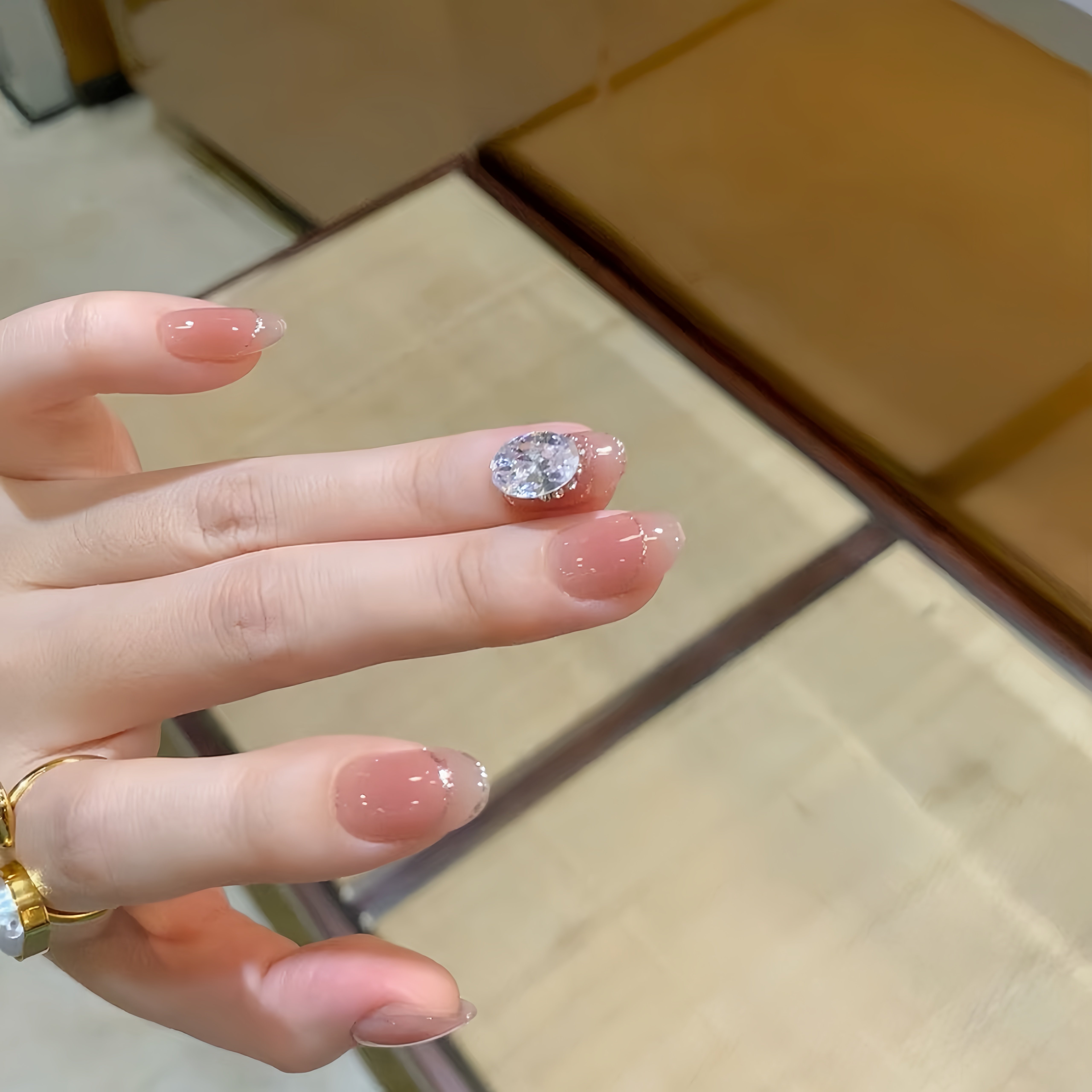 手工穿戴甲锆石钻纯蜜桃色红美甲