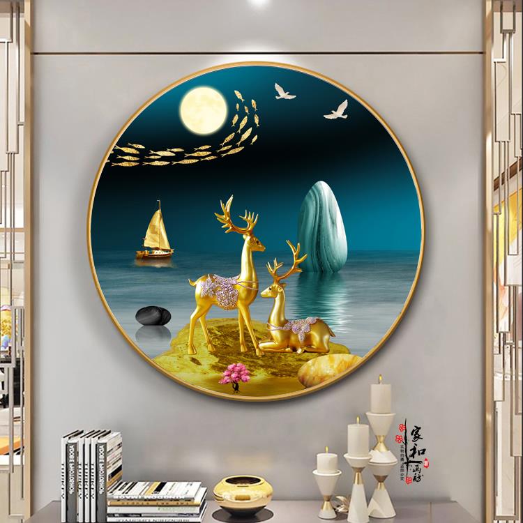 圆形玄关餐厅装饰画久鱼现代简约晶瓷镶钻画北欧饭厅墙面轻奢挂画图片