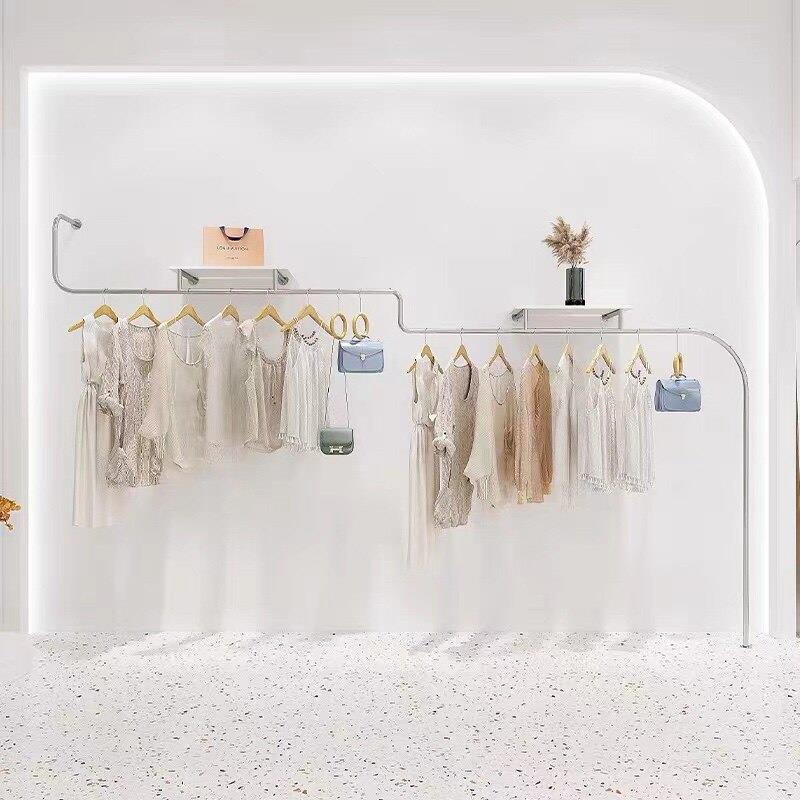 服装商店展示架壁挂式不锈钢拉丝银女装加厚服装展示架壁挂式儿童
