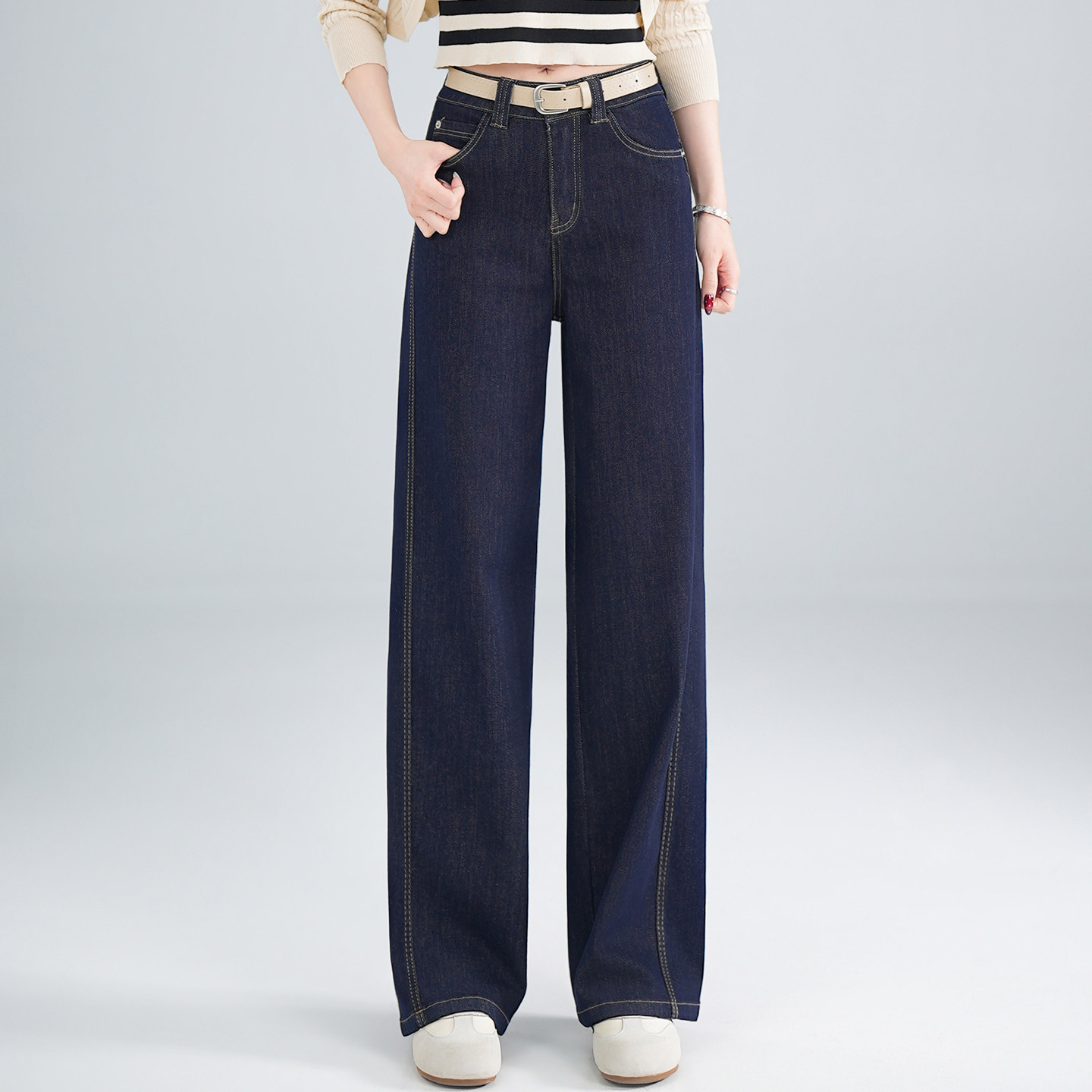 深蓝色时髦复古阔腿牛仔裤女2026新款春季美式高腰百搭显瘦神裤,女装/女士精品,牛仔裤,淘宝优惠券,粉丝福利购,淘宝优惠卷