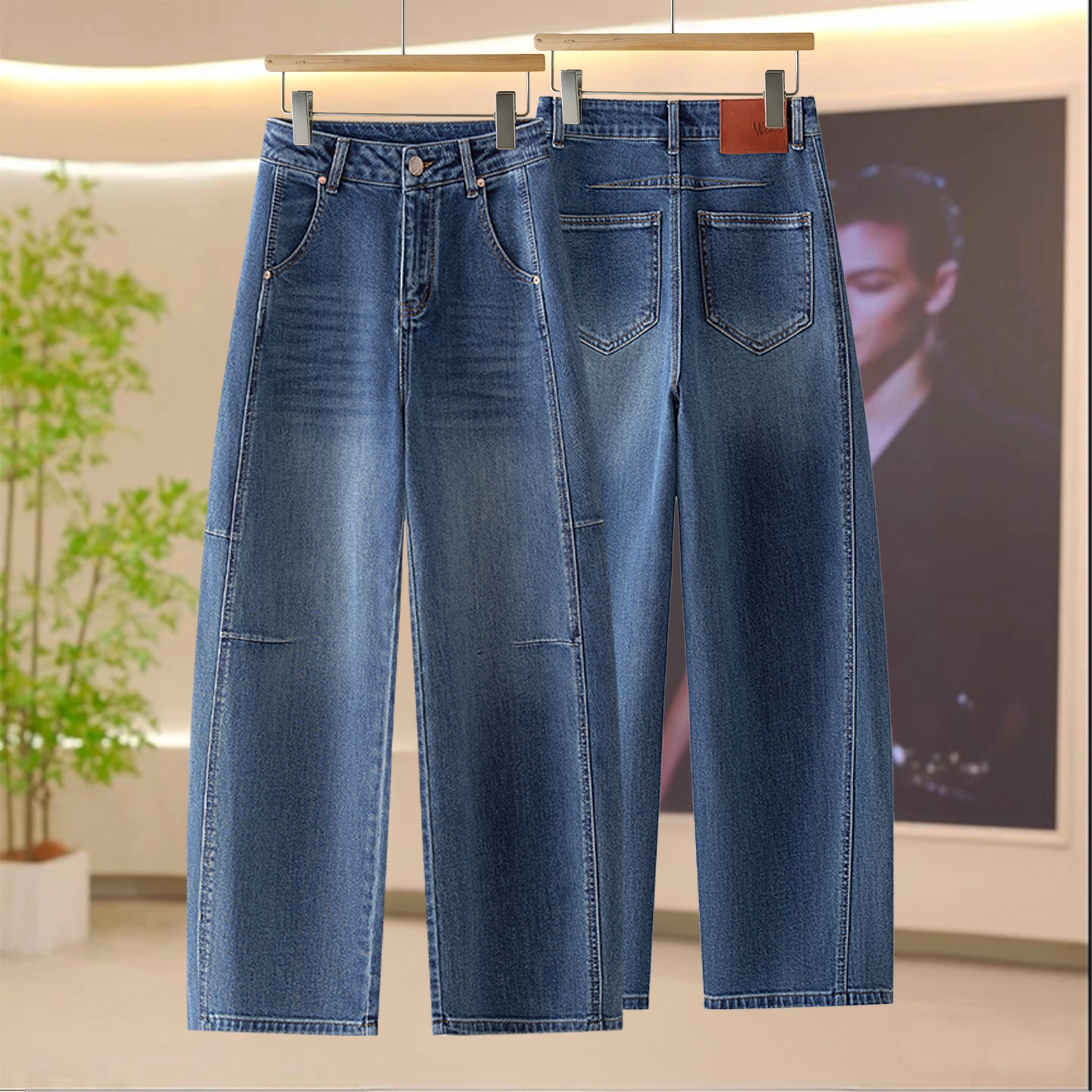 牛仔蓝显瘦弯刀裤女春季2026新款今年流行爆款时尚拼接直筒阔腿裤