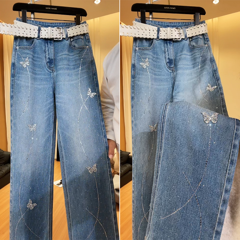蝴蝶立体烫钻阔腿牛仔裤女2026春季新款今年流行爆款带钻牛仔裤