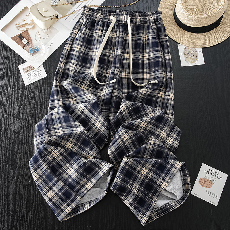 灰蓝格子阔腿休闲裤女春秋新款