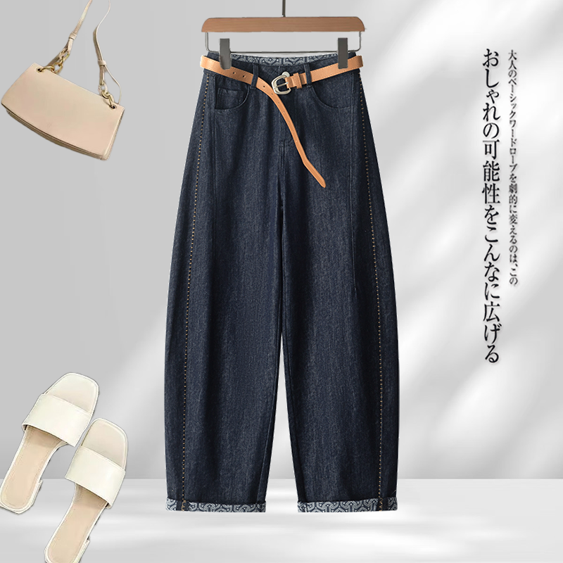 丹宁蓝复古阔腿牛仔裤女2025夏季新款宽松显瘦潮流百搭卷边羊角裤