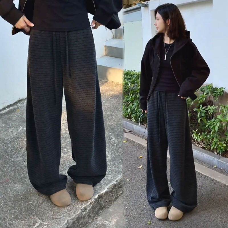 桑蚕丝云感条纹阔腿裤女2025新款秋冬高腰宽松时髦慵懒感拖地裤,女装/女士精品,大码裤装,淘宝优惠券,粉丝福利购,淘宝优惠卷