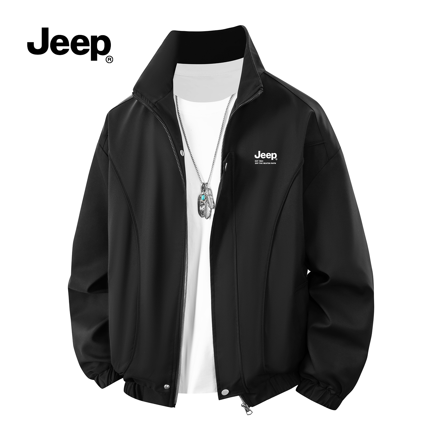 JEEP吉普新款美式工装夹克男士简约宽松秋季百搭立领开衫上衣外套