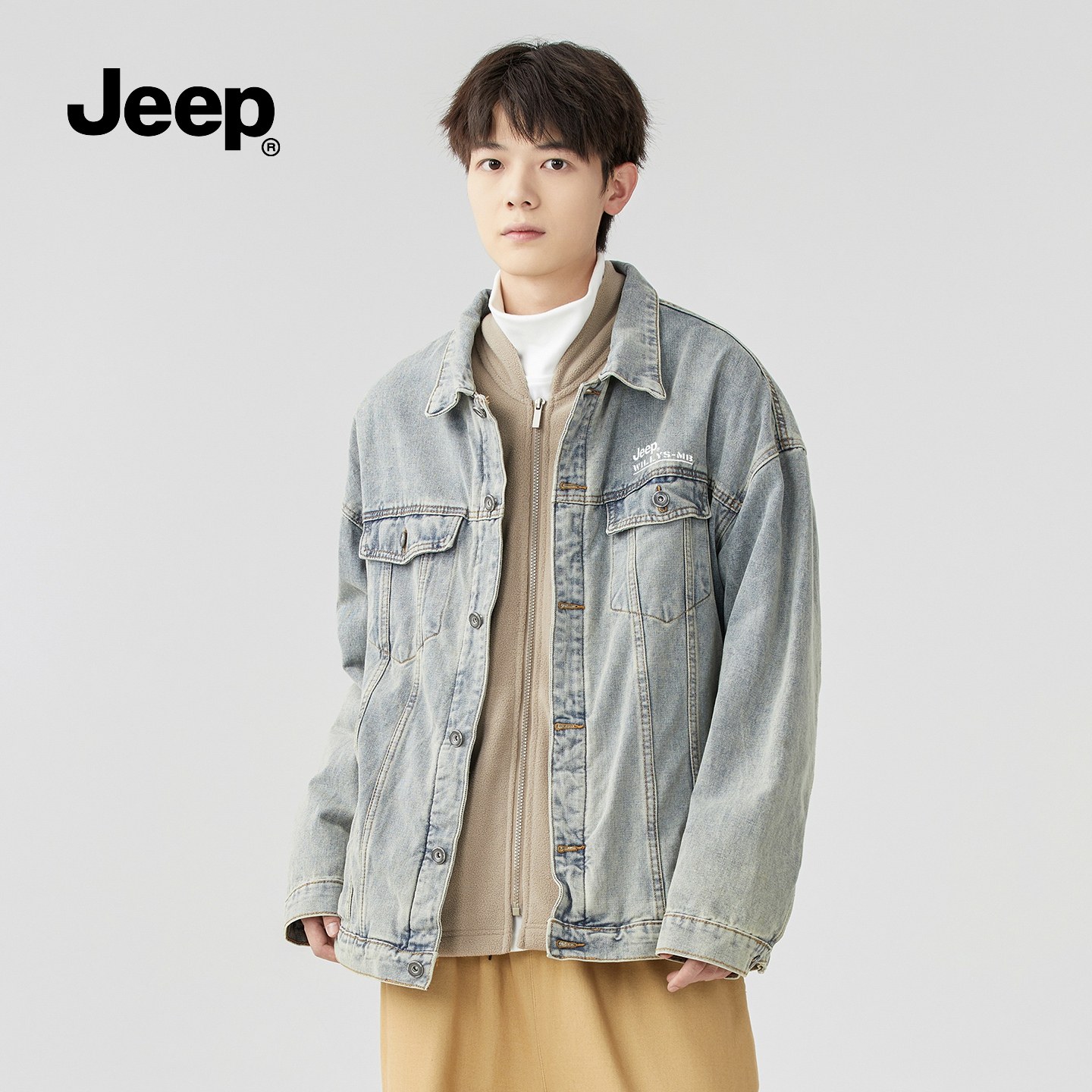 Jeep吉普翻领加绒牛仔外套男秋冬2025保暖复古美式水洗两件套