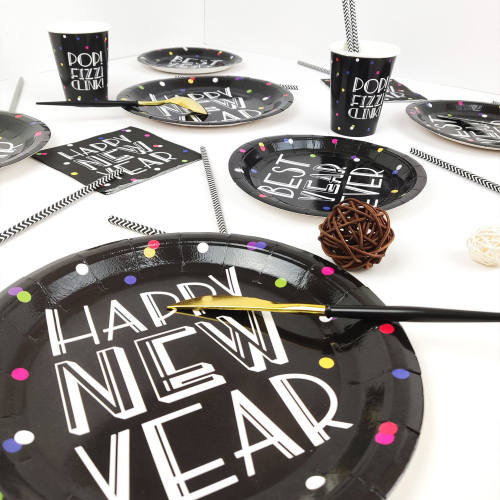 跨境新年派对主题HAPPY NEW YEAR一次性纸盘纸杯2024新年派对套装