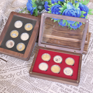 六币大尺寸黑胡桃木纪念币奖牌收纳收藏礼品包装组合纪念章徽章盒