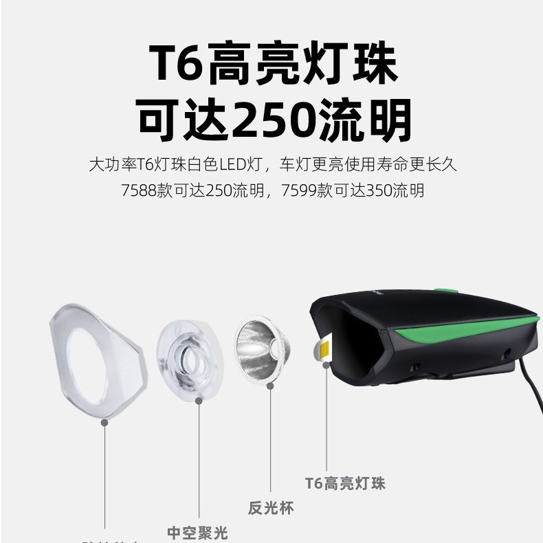 新款自行车前灯充电强光喇叭灯