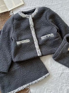 女童小香风毛呢外套+呢子背心裙套装 儿童洋气秋冬加厚年服