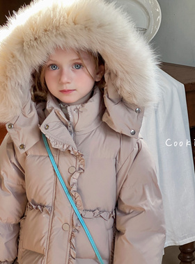 安心绒 cookie女童中长款新国标白鸭绒羽绒服 三防连帽加厚外套冬