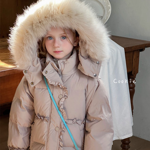 安心绒 cookie女童中长款新国标白鸭绒羽绒服 三防连帽加厚外套冬